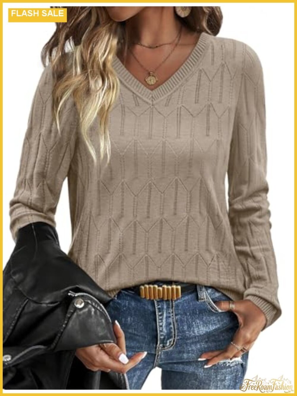Womens V Neck Soft Knit Pullover Sweater Long Sleeve Textured Top